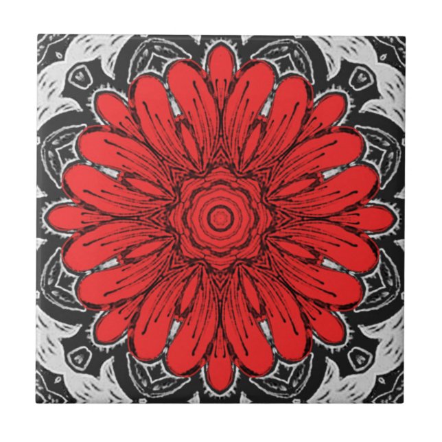 Geometric Daisy Pattern in Red Black & White    Tile (Front)