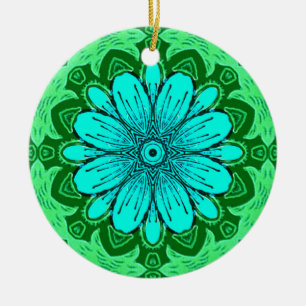 Geometric Daisy Pattern in Turquoise and Green Ceramic Tree Decoration