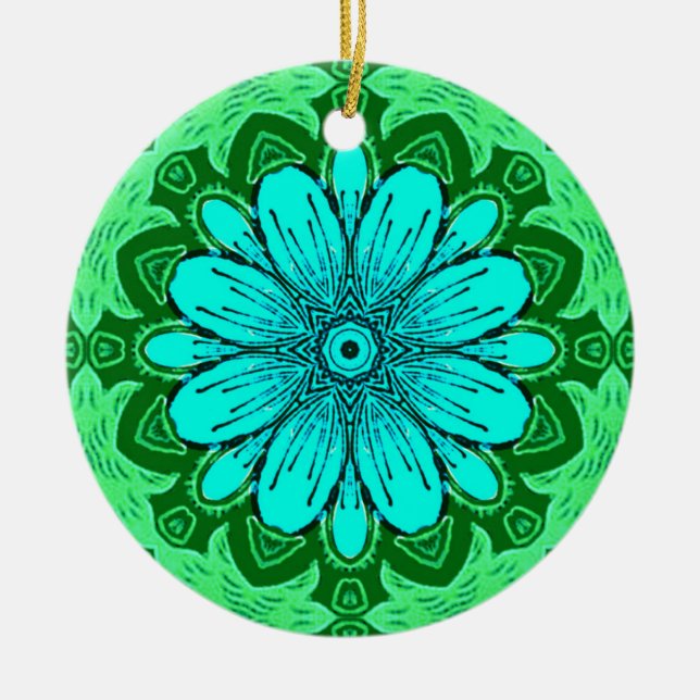 Geometric Daisy Pattern in Turquoise and Green   Ceramic Tree Decoration (Front)