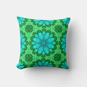 Geometric Daisy Pattern in Turquoise and Green   Cushion