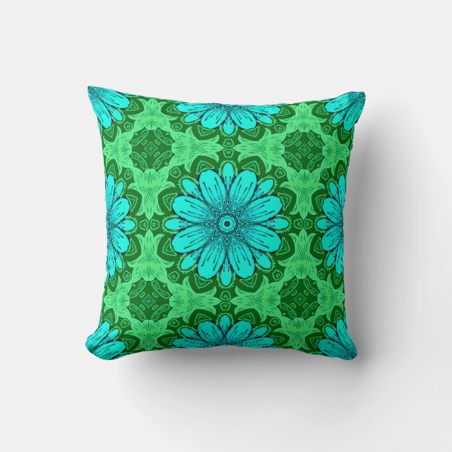 Geometric Daisy Pattern in Turquoise and Green   Cushion (Front)