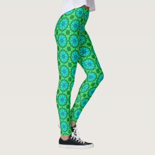 Geometric Daisy Pattern in Turquoise and Green   Leggings