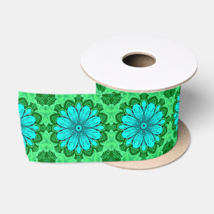 Geometric Daisy Pattern in Turquoise and Green Satin Ribbon