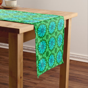 Geometric Daisy Pattern in Turquoise and Green Short Table Runner