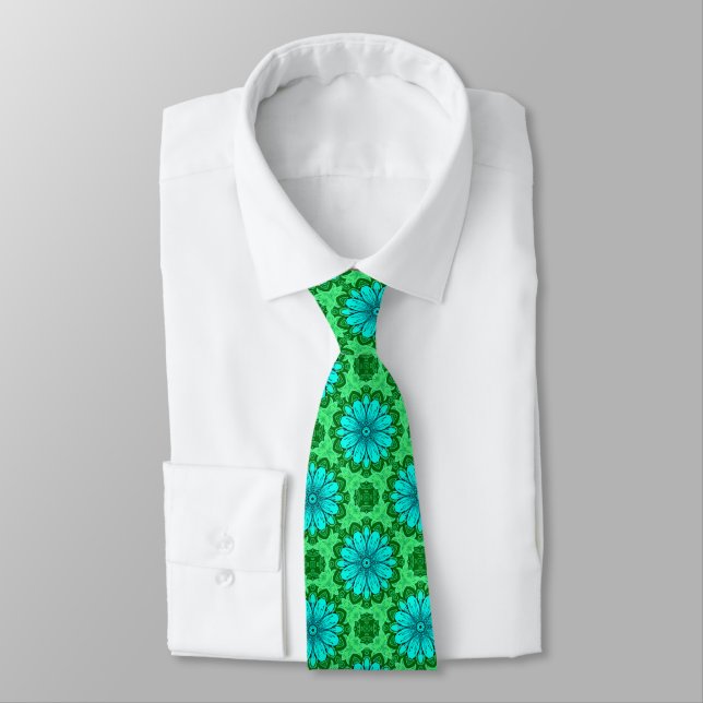 Geometric Daisy Pattern in Turquoise and Green   Tie (Tied)