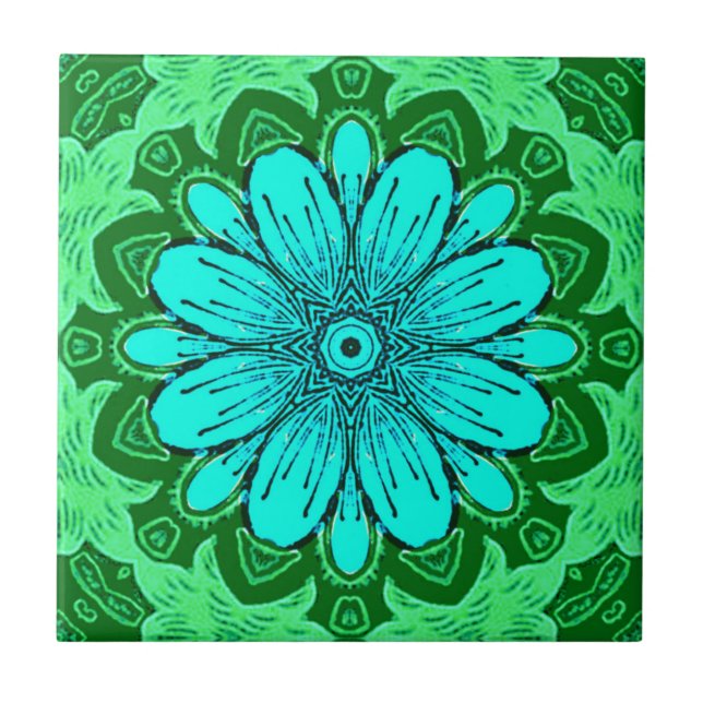 Geometric Daisy Pattern in Turquoise and Green   Tile (Front)