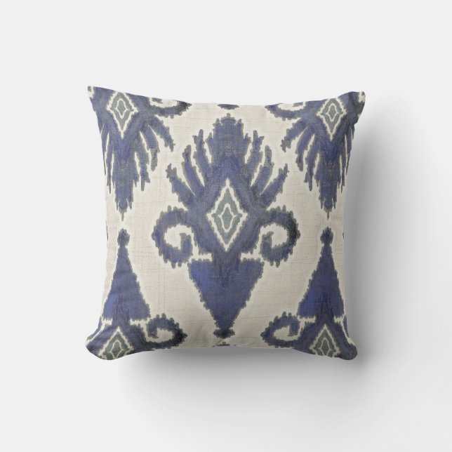 Geometric Damask IKAT Tribal Bohemian Pattern Navy Cushion (Front)