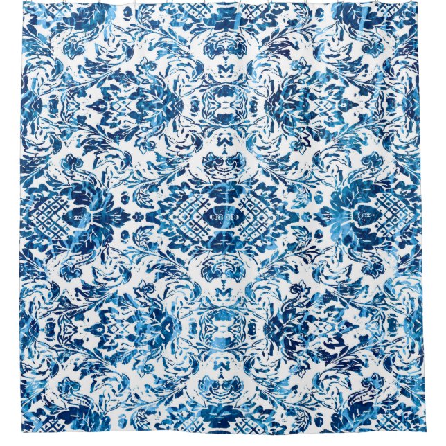 Geometric damask seamless pattern with grunge text shower curtain (Front)