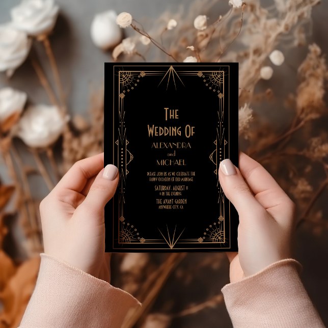 Geometric Dark Black Gold Gatsby Wedding Invitation (Creator Uploaded)