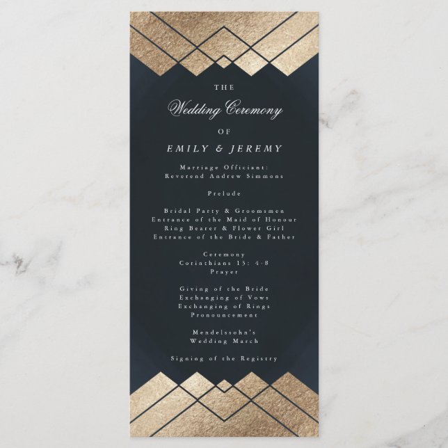 Geometric Dark Navy Gold Gatsby Wedding Programme (Front)