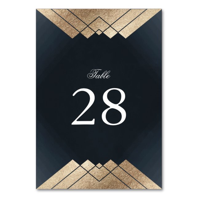 Geometric Dark Navy Gold Gatsby Wedding Table Number (Front)