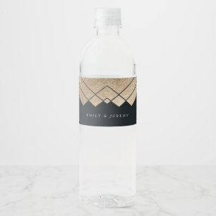 Geometric Dark Navy Gold Gatsby Wedding Water Bottle Label