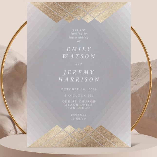 Geometric Deco Grey Gold Gatsby Wedding Invitation
