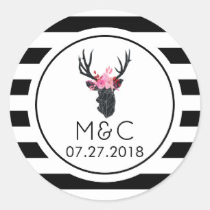 Geometric Deer Head on B&W Stripes Classic Round Sticker