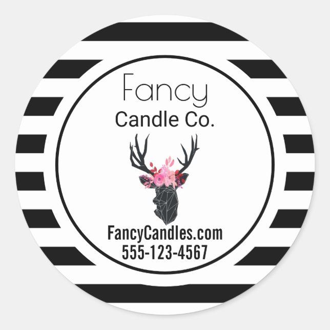 Geometric Deer Head w/ B&W Stripes Business Classic Round Sticker (Front)