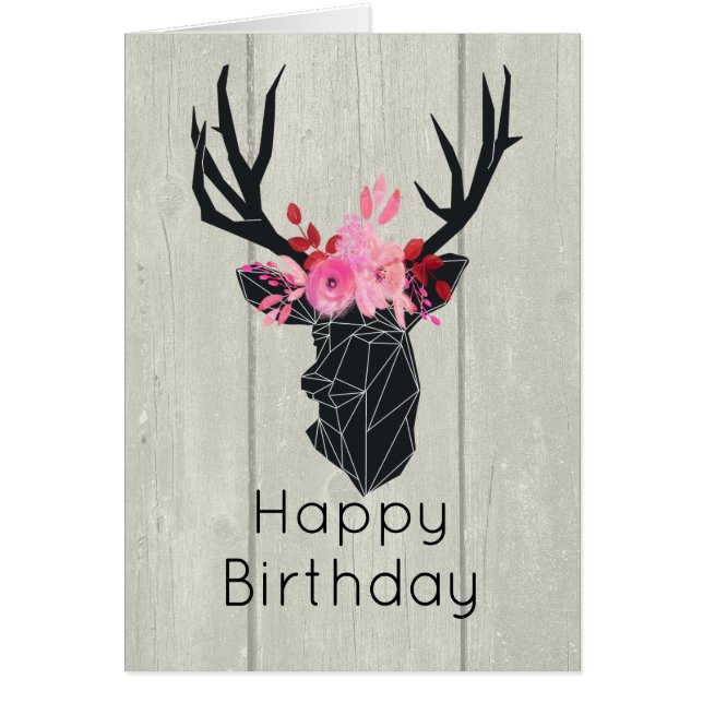 Geometric Deer Head w/ Floral Crown on Fake Wood (Front)