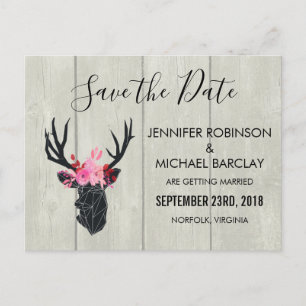 Geometric Deer Head w/ Floral Crown on Fake Wood Announcement Postcard