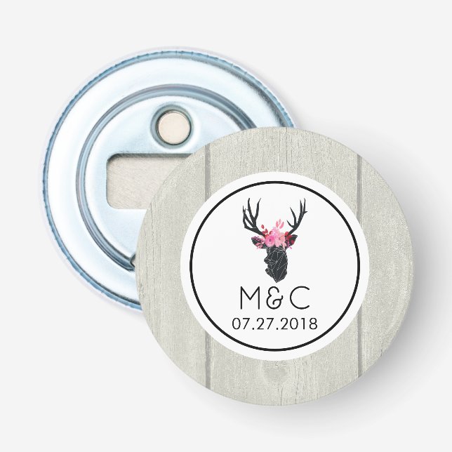 Geometric Deer Head w/ Floral Crown on Fake Wood Bottle Opener (Front)