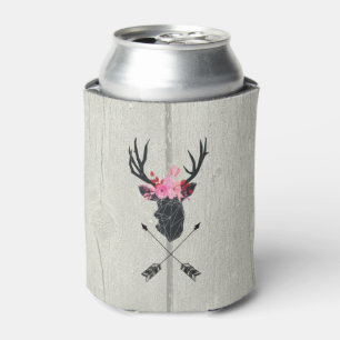 Geometric Deer Head w/ Floral Crown on Fake Wood Can Cooler
