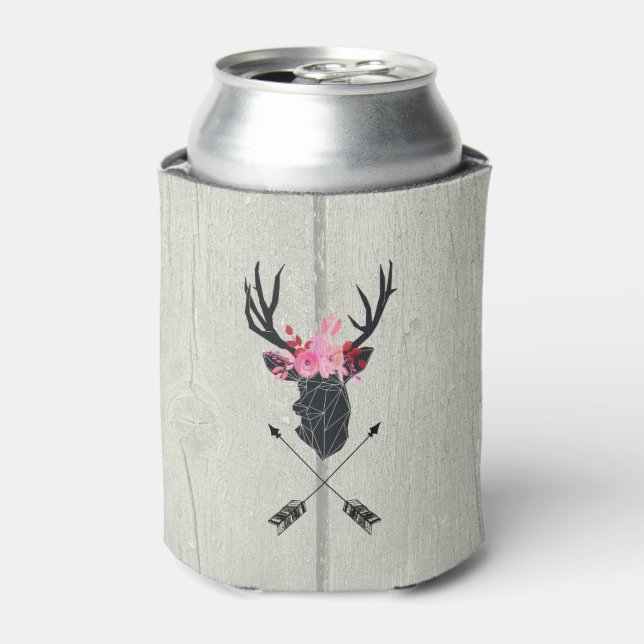 Geometric Deer Head w/ Floral Crown on Fake Wood Can Cooler (Can Front)