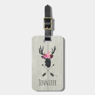 Geometric Deer Head w/ Floral Crown on Fake Wood Luggage Tag