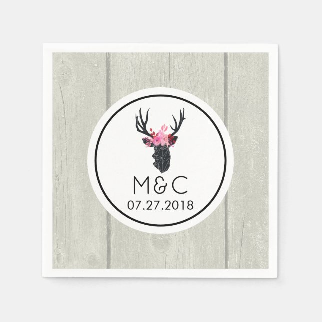Geometric Deer Head w/ Floral Crown on Fake Wood Napkin (Front)