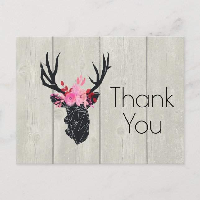 Geometric Deer Head w/ Floral Crown on Fake Wood Postcard (Front)