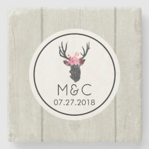 Geometric Deer Head w/ Floral Crown on Fake Wood Stone Coaster
