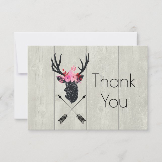 Geometric Deer Head w/ Floral Crown on Fake Wood Thank You Card (Front)
