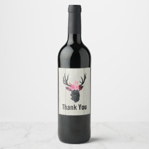 Geometric Deer Head w/ Floral Crown on Fake Wood Wine Label