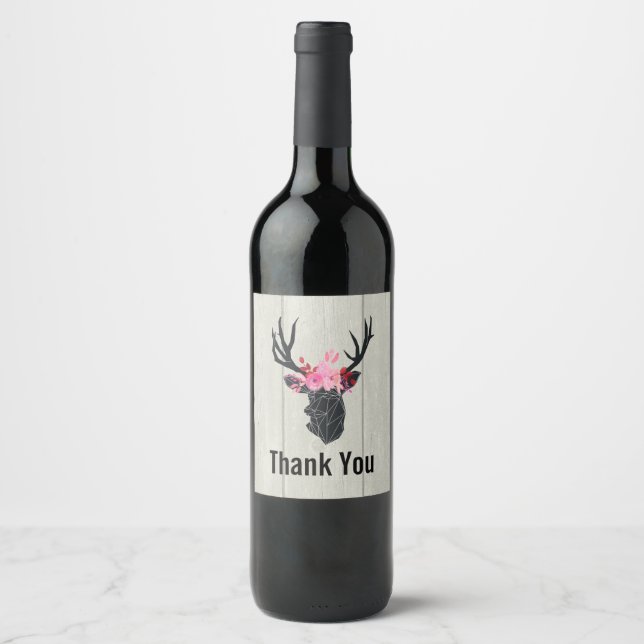Geometric Deer Head w/ Floral Crown on Fake Wood Wine Label (Front)