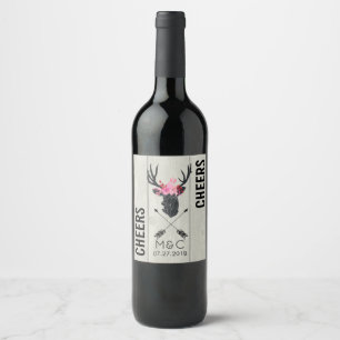 Geometric Deer Head w/ Floral Crown on Fake Wood Wine Label