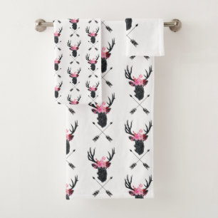Geometric Deer Head w/ Flowers and Crossed Arrows Bath Towel Set