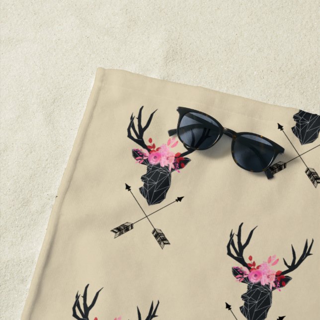 Geometric Deer Head w/ Flowers and Crossed Arrows Beach Towel (In Situ)
