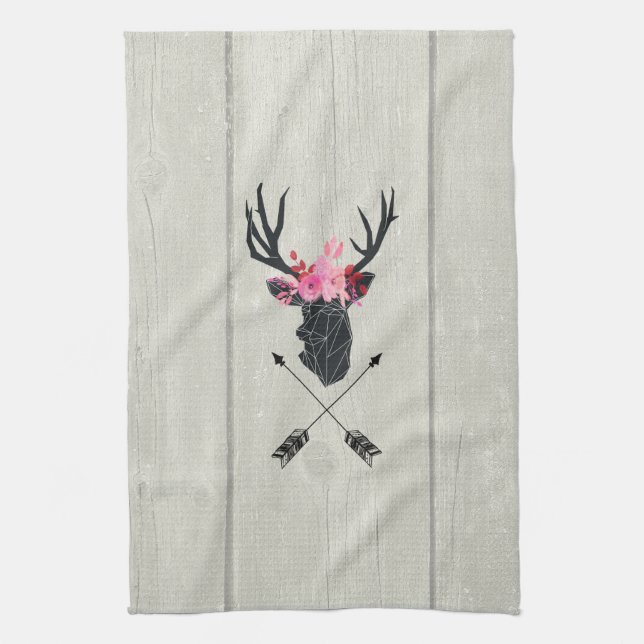 Geometric Deer Head w/ Flowers and Crossed Arrows Tea Towel (Vertical)