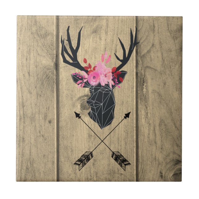 Geometric Deer Head w/ Flowers and Crossed Arrows Tile (Front)