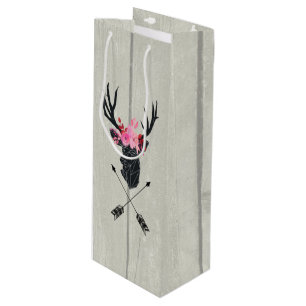 Geometric Deer Head w/ Flowers and Crossed Arrows Wine Gift Bag