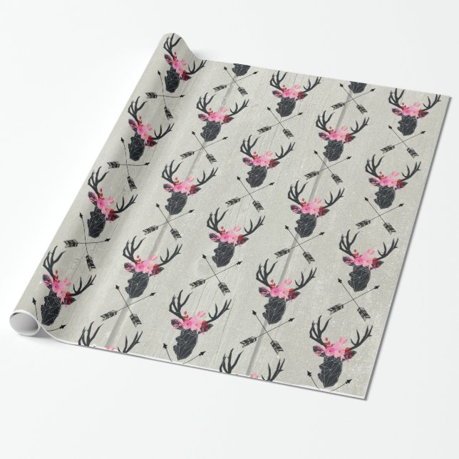 Geometric Deer Head w/ Flowers and Crossed Arrows Wrapping Paper (Unrolled)