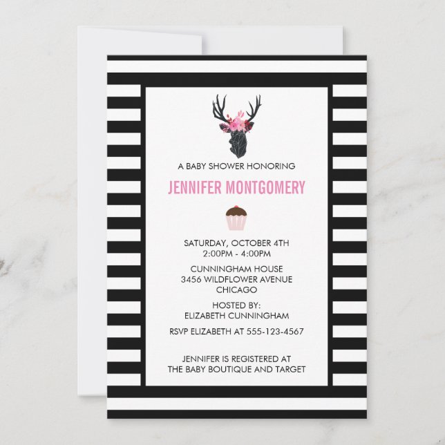 Geometric Deer Head with  Floral Crown Baby Shower Invitation (Front)