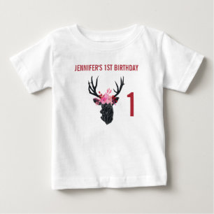 Geometric Deer Head with  Floral Crown Birthday Baby T-Shirt