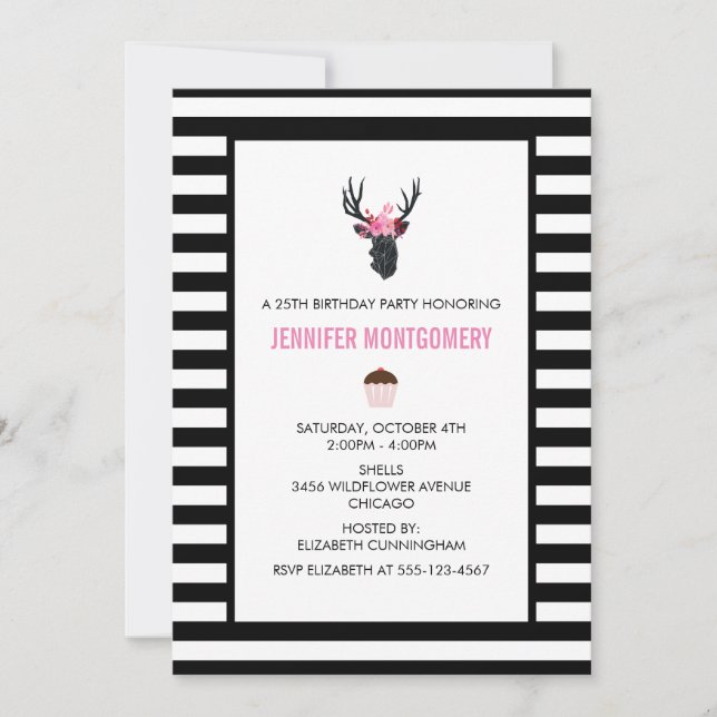Geometric Deer Head with  Floral Crown Birthday Invitation (Front)