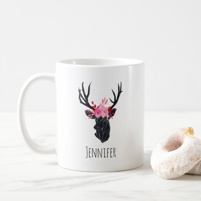 Geometric Deer Head with  Floral Crown Coffee Mug (With Donut)