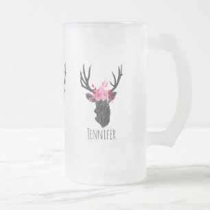 Geometric Deer Head with  Floral Crown Frosted Glass Beer Mug