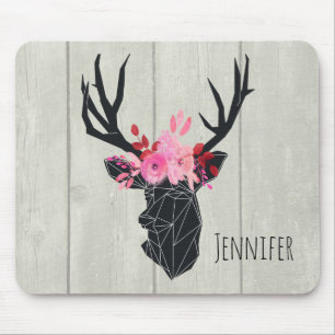 Geometric Deer Head with Floral Crown Mouse Mat