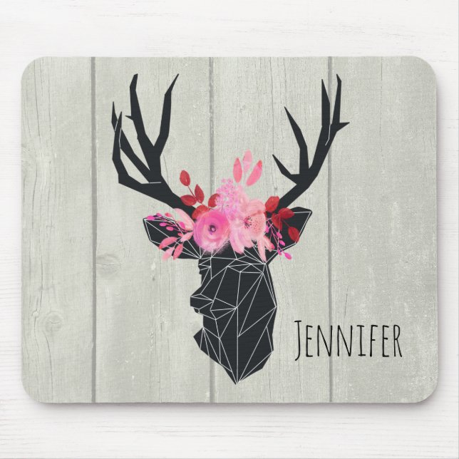 Geometric Deer Head with Floral Crown Mouse Mat (Front)