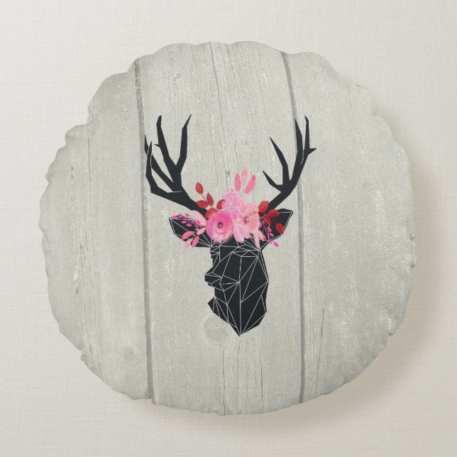 Geometric Deer Head with Floral Crown Round Cushion (Front)