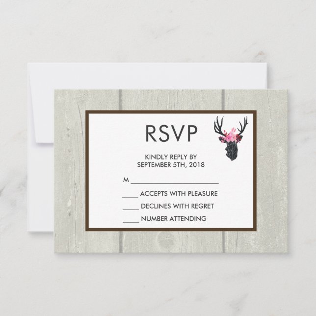 Geometric Deer Head with  Floral Crown Rustic RSVP Card (Front)