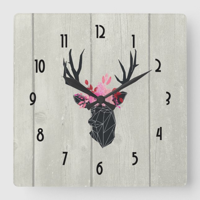 Geometric Deer Head with  Floral Crown Square Wall Clock (Front)