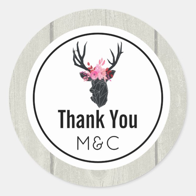 Geometric Deer Head with Floral Crown Thank You Classic Round Sticker (Front)