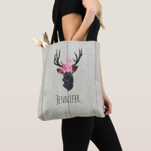 Geometric Deer Head with Floral Crown Tote Bag